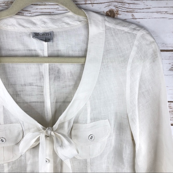 Worth linen bow tie neckline 3/4 sleeve button up - Picture 3 of 8